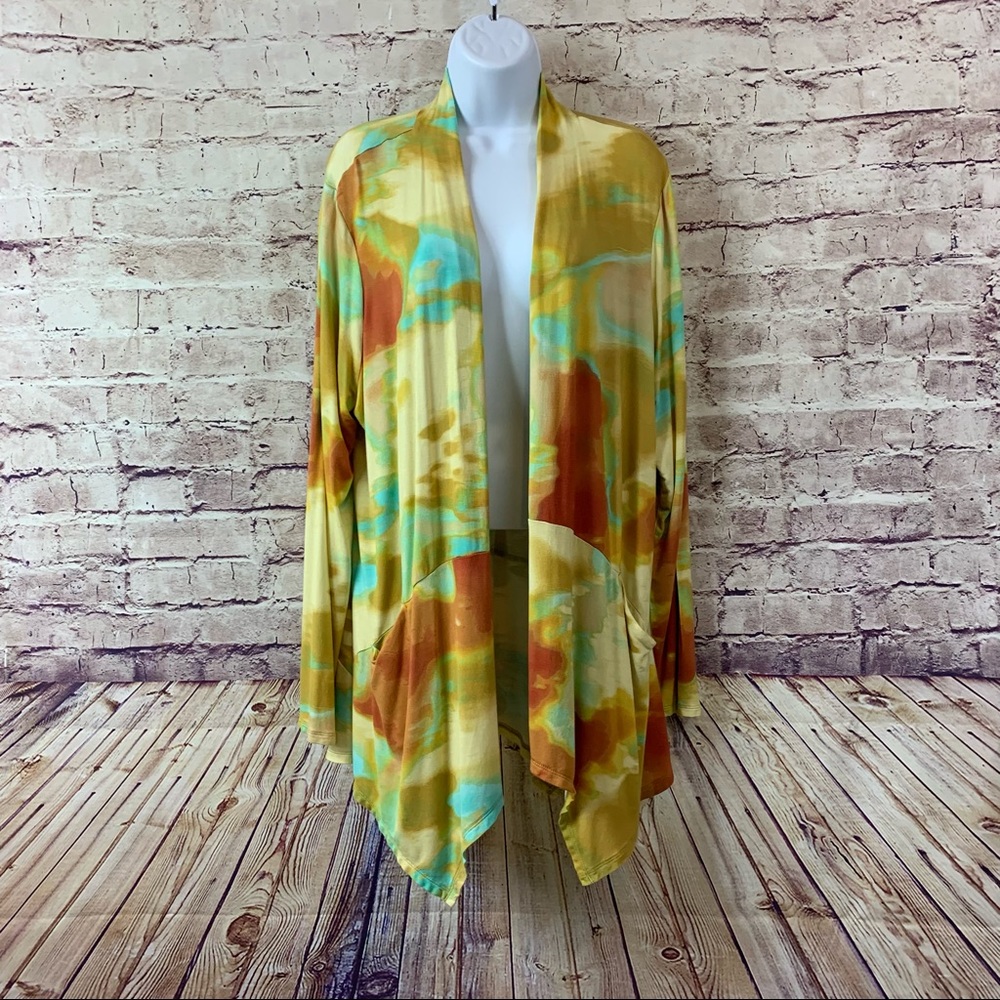 LOGO Lori Goldstein Yellow Tie Dye Draped Long Sleeve Cardigan - Picture 1 of 10